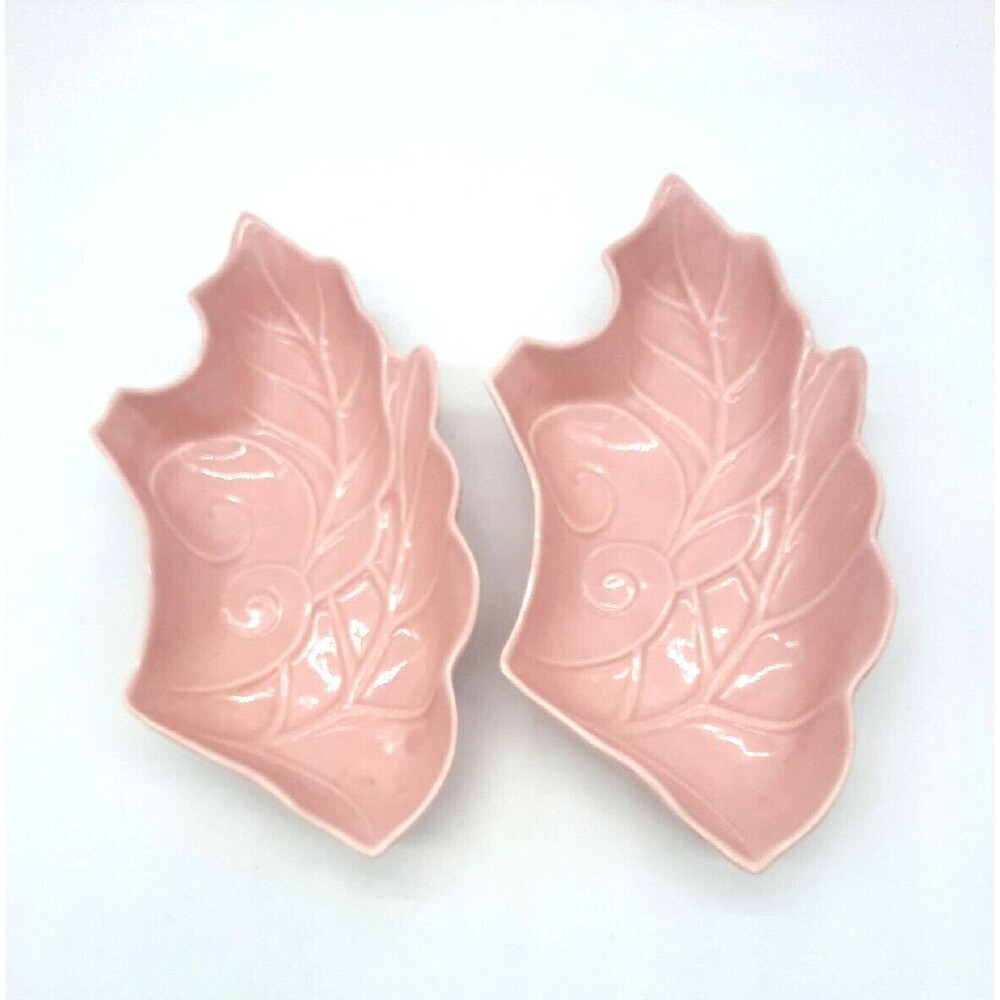 Vintage USA Pottery Set Of 2 MCM Pink Leaf Shaped 11" Candy Dishes L425
